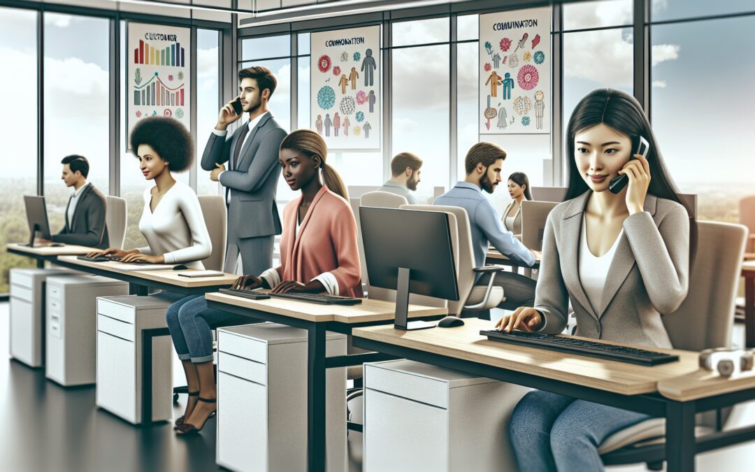 An elegant office setting with a variety of professionals actively engaged in responding to customer queries both on the phone and via computer. The image illustrates a diverse group of people, includ