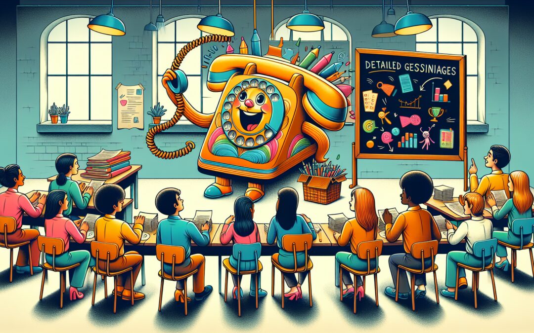 An image of a vintage office setting with an anthropomorphic telephone character teaching a group of young, diverse employees how to take detailed messages. The office is bright and colorful, with sta