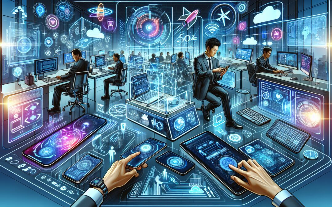 Create an image depicting a futuristic workspace where various digital devices such as smartphones, tablets, laptops, and desktops are seamlessly interconnected. Show a user effortlessly interacting w