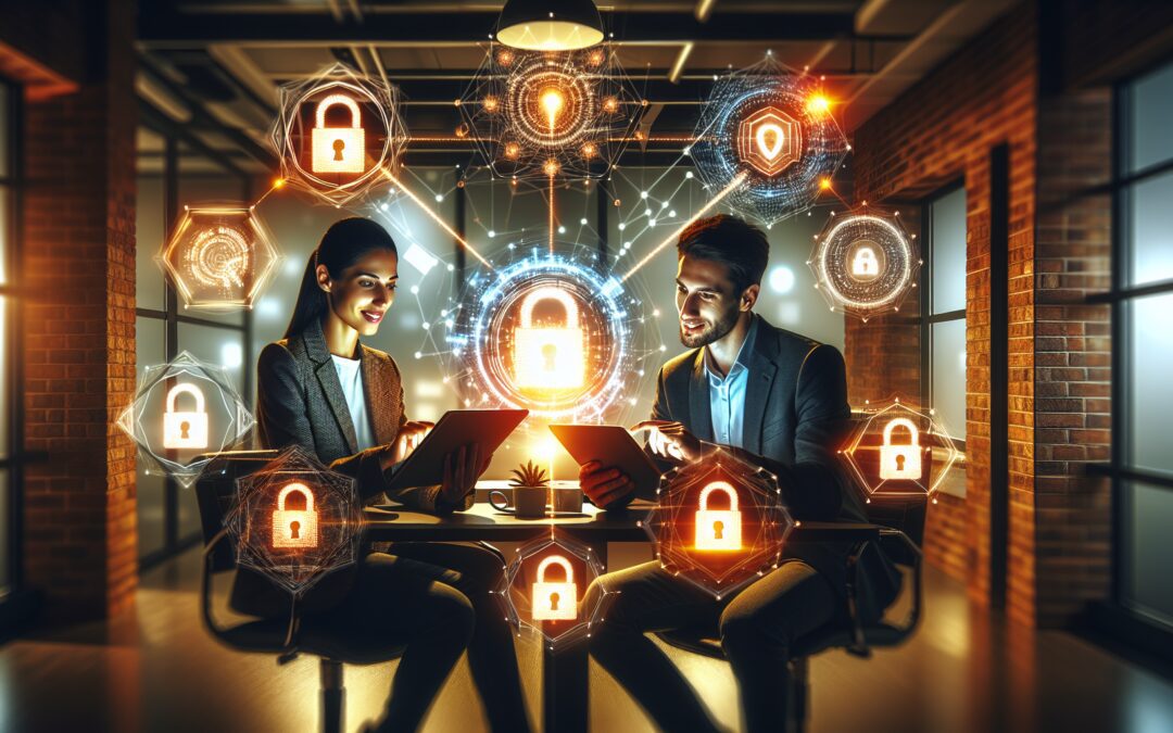 An illustration of two people in a modern office setting, communicating through digital devices while surrounded by glowing icons of padlocks and encryption symbols, emphasizing privacy and security i