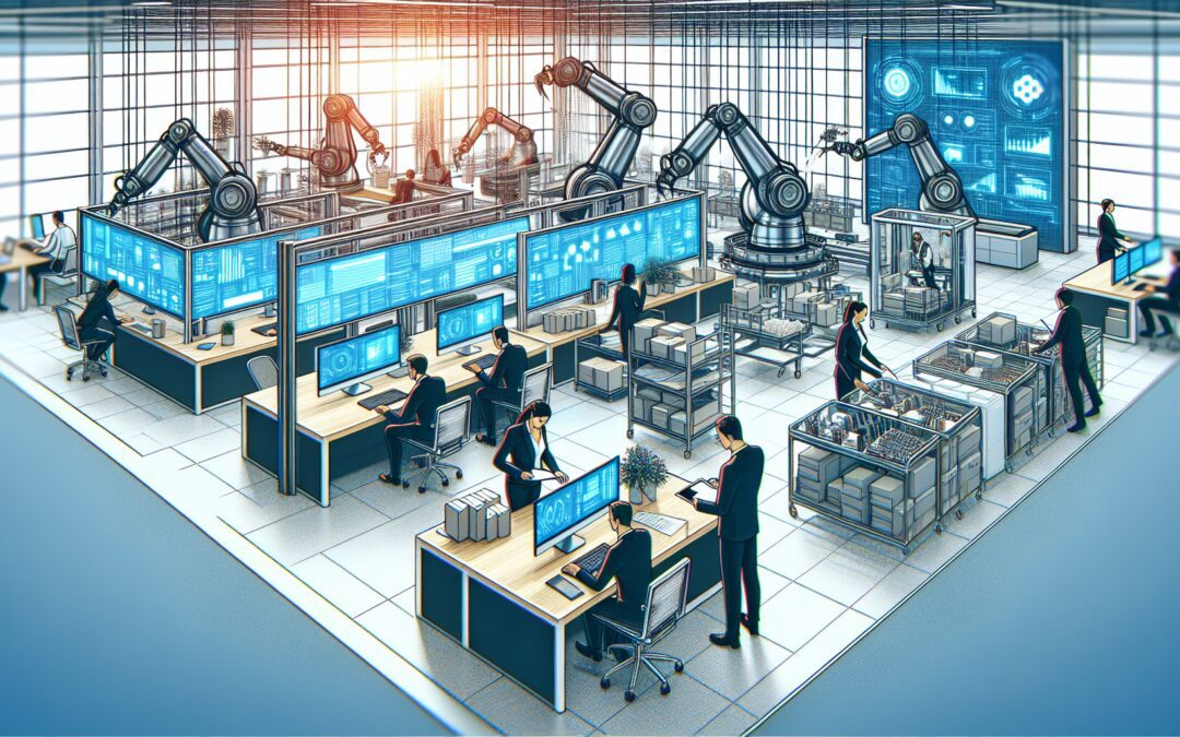 Create an image of a modern office environment where employees are interacting seamlessly with advanced workflow automation tools. Include elements like robotic arms sorting paperwork, AI-driven digit