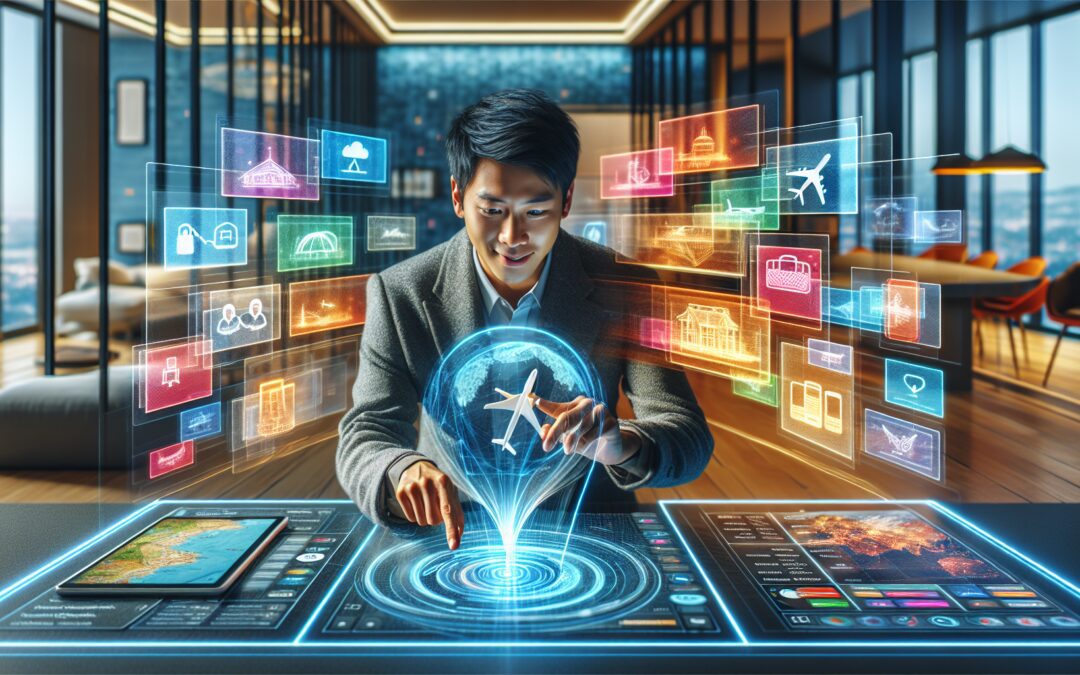 Create a futuristic, vibrant illustration of a person effortlessly booking a vacation through a holographic interface, surrounded by digital pop-ups of various travel destinations, flight options, and