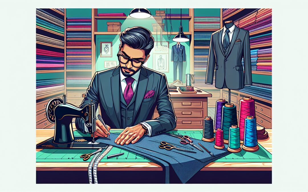 Create a detailed image of a professional consultant carefully crafting a custom-made suit, with various tools and fabrics spread out on a workbench. The consultant should be intensely focused, wearin