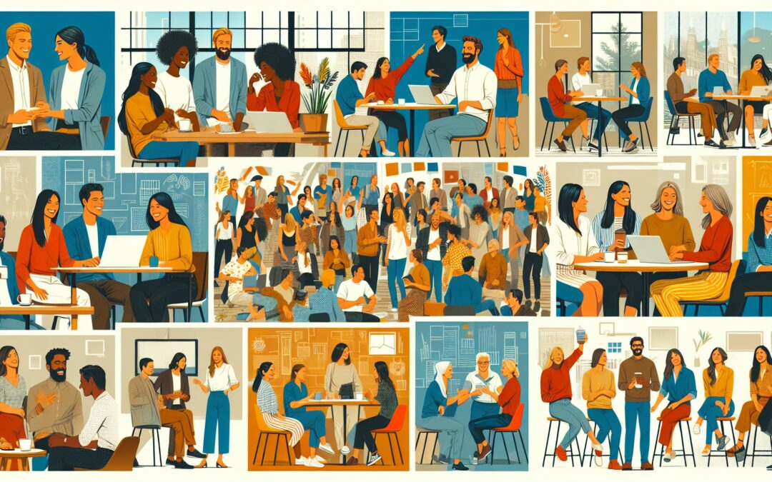 Create an image of a diverse group of people engaged in lively conversation across different settings — an office, a cafe, a park, and a virtual meeting. The people are depicted smiling and exchanging