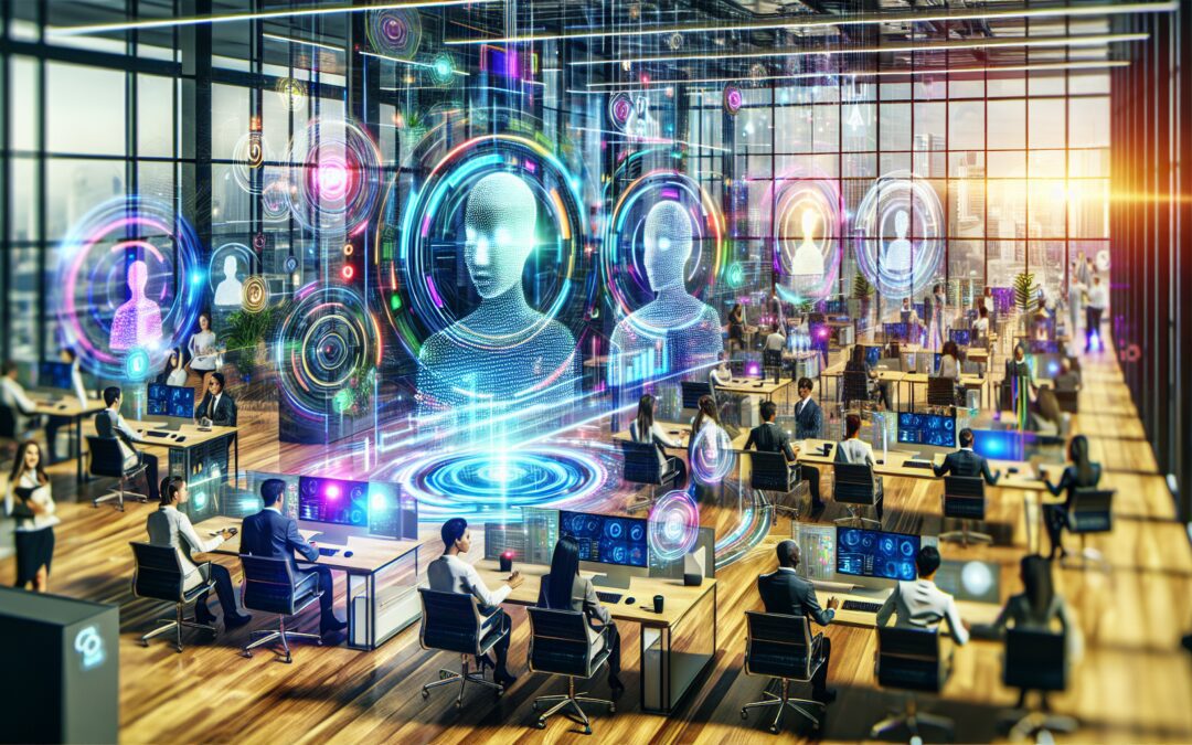 Create an image that depicts a futuristic office environment where AI-powered virtual assistants are actively helping employees. Show holographic interfaces, diverse professionals interacting with dig