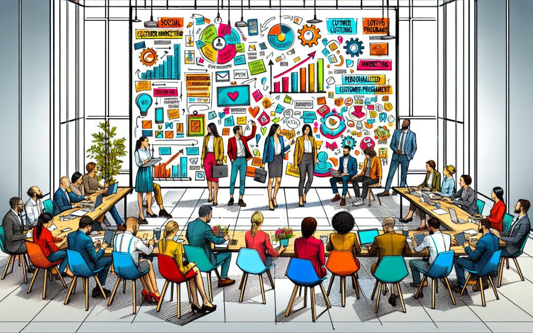 An illustrative depiction of a vibrant business meeting: a team of creative professionals brainstorming strategies to boost customer engagement. The setting is a modern office with a large whiteboard