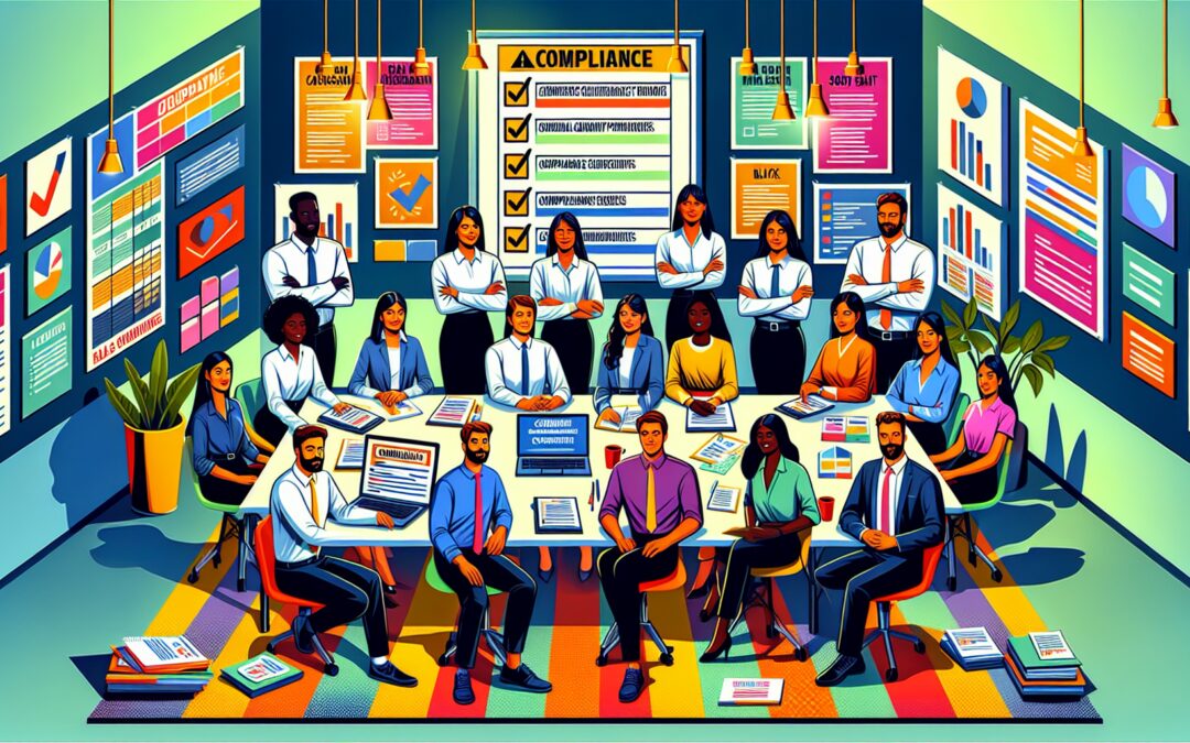 Create an illustration that showcases a team of diverse office workers gathered around a table with documents, charts, and a laptop displaying compliance checklists. The background should feature a mo