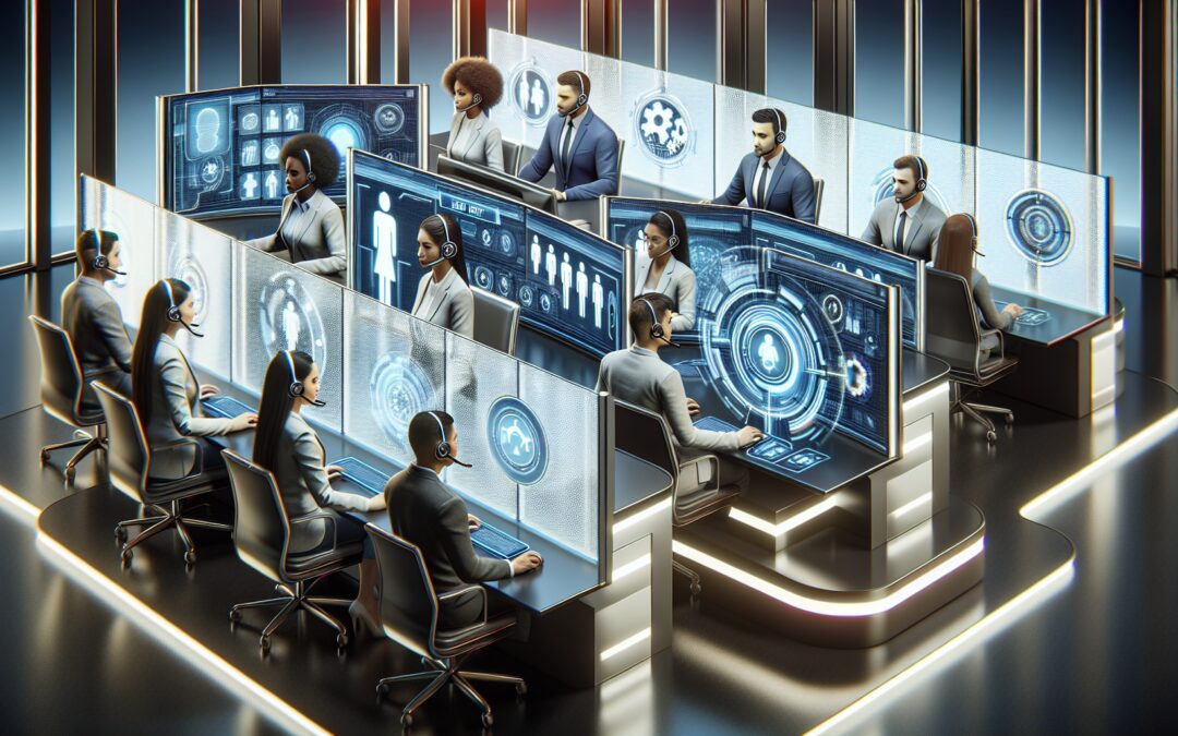 An illustrative concept of a futuristic help desk, featuring a diverse team of professionals wearing headsets and working across multiple high-tech screens, with digital icons representing various sup