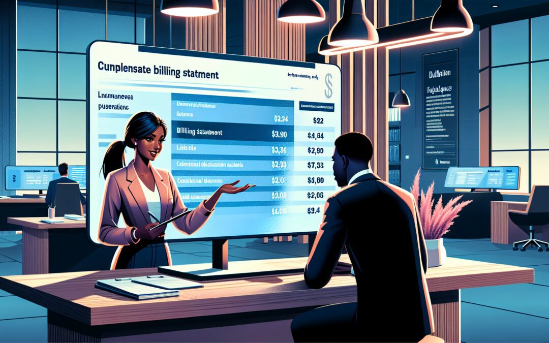 A friendly customer service representative explaining a detailed billing statement to a customer. The setting is a well-lit, modern office with a large screen displaying a sample bill. The atmosphere