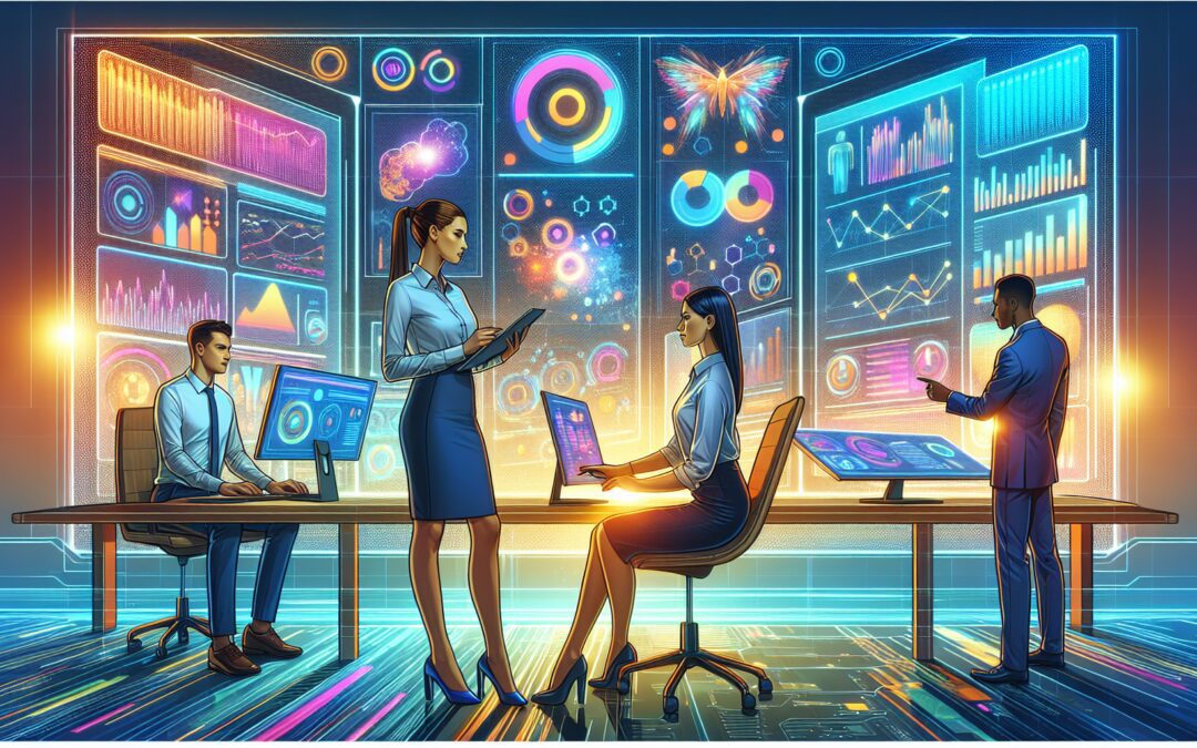 A futuristic office scene where diverse professionals analyze data on holographic screens; charts, graphs, and dashboards show real-time business insights; the background features advanced technology,