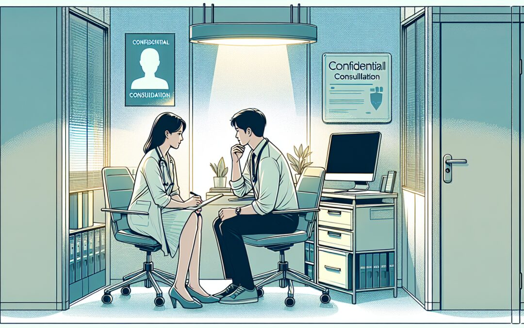 Create an image of a serene and professional medical office, where a doctor is seen discussing with a patient. Ensure that privacy is emphasized by including elements such as secure computer screens,