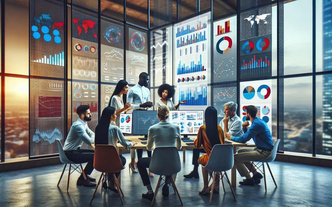 A diverse team of professionals collaborating in a modern office, surrounded by screens displaying graphs and charts, as they develop a comprehensive and detailed communication plan tailored for diffe