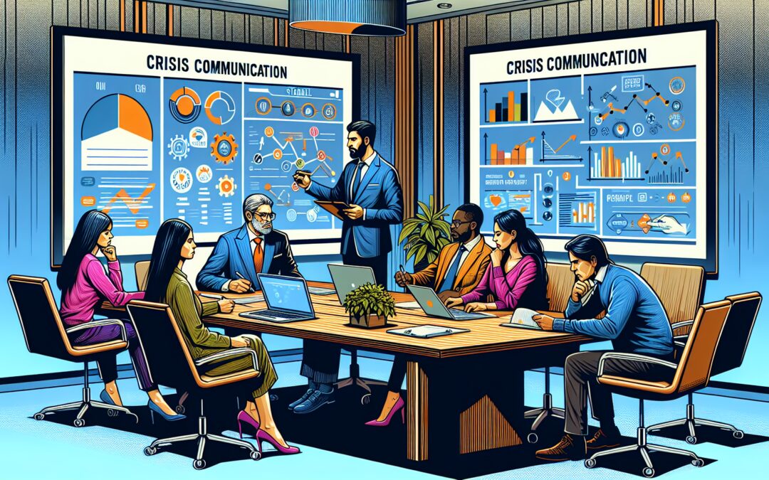 Create an image depicting a corporate boardroom with professionals actively engaged in a crisis communication meeting. Showcase diverse team members using various tools such as laptops, notepads, and