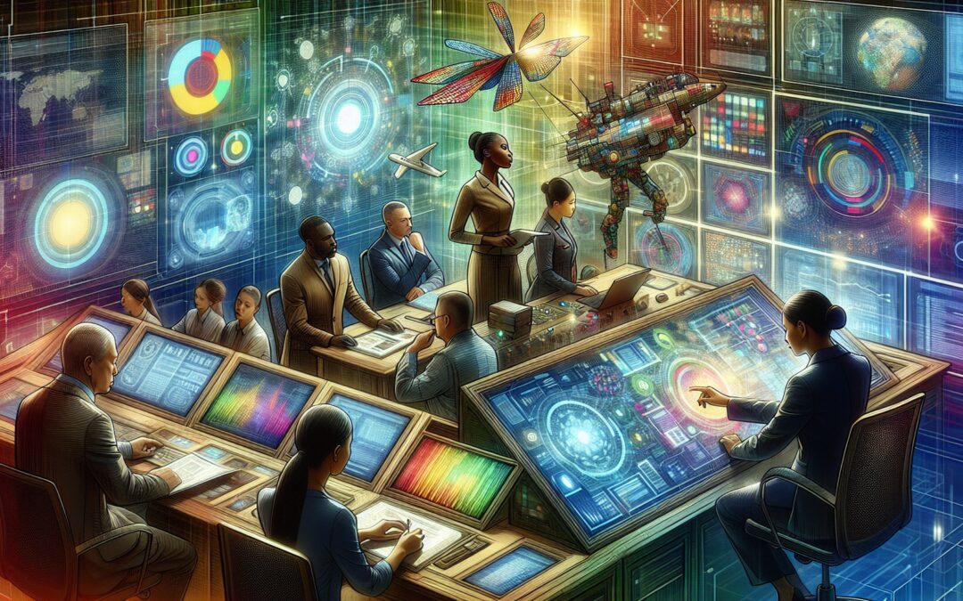 Create a detailed illustration showing a diverse team of professionals in a high-tech command center, utilizing cutting-edge technology and collaborative tools. They are analyzing data on large screen