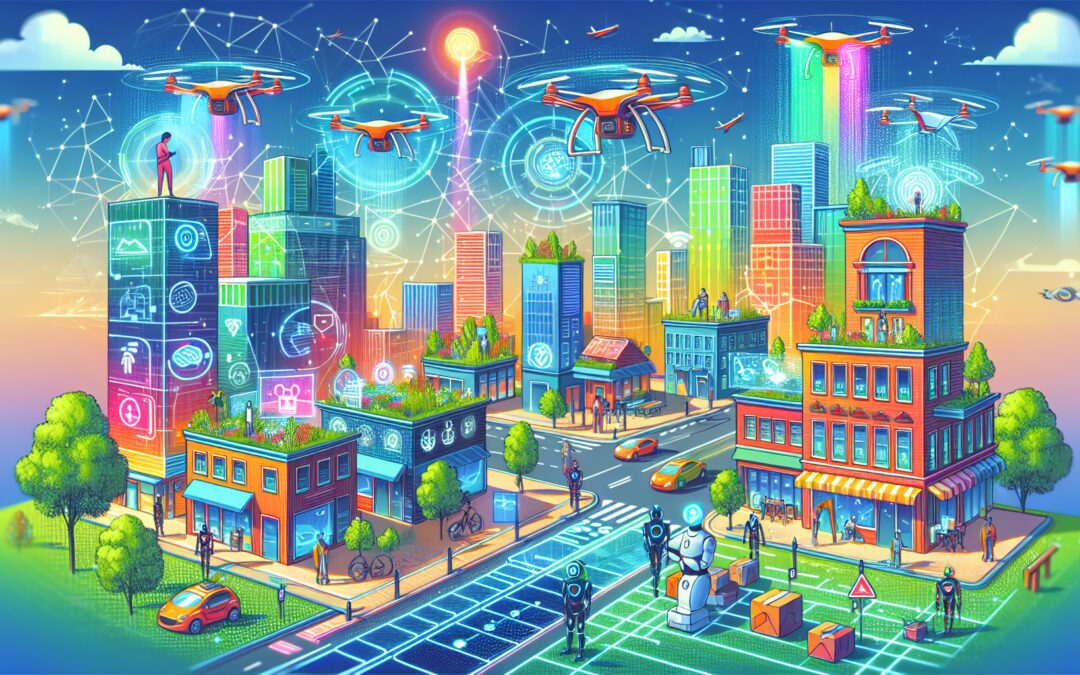 A futuristic cityscape where advanced technologies are seamlessly integrated into everyday life: smart buildings with holographic interfaces, autonomous drones delivering packages, people using augmen