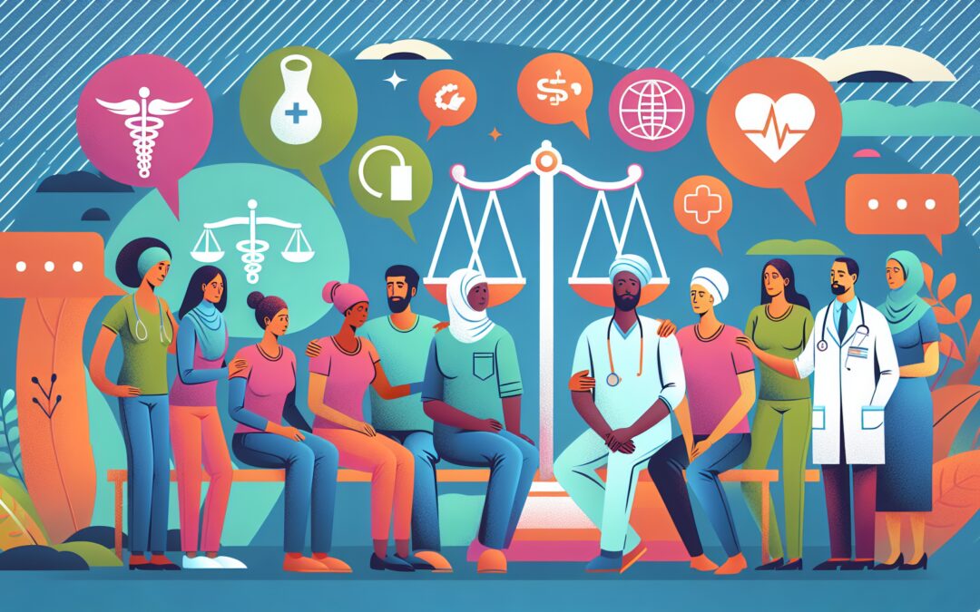 Create an image that illustrates the concept of patient advocacy support. Depict a diverse group of people, including patients, caregivers, and healthcare professionals, standing together in solidarit