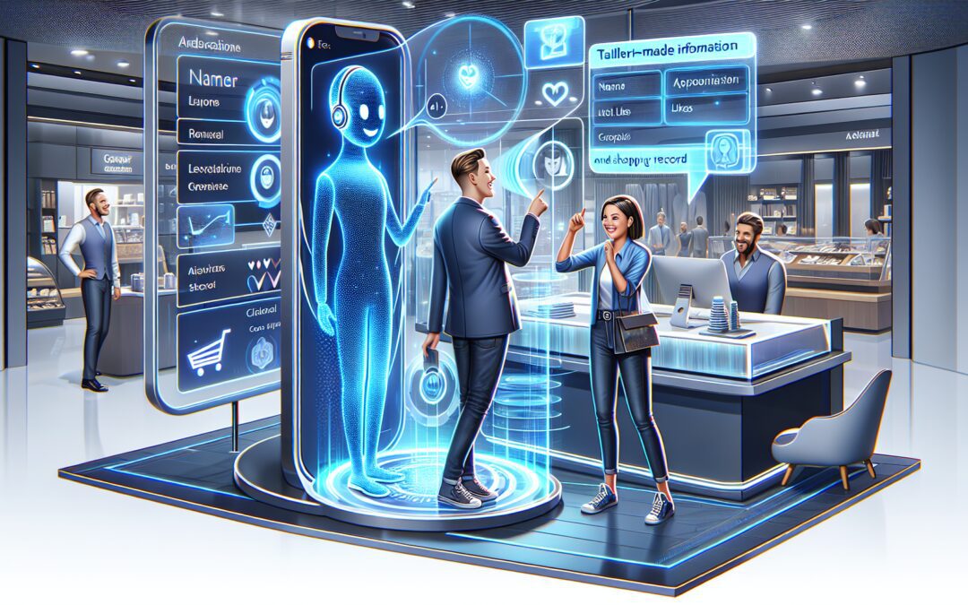 Create an illustration of a futuristic customer service scenario. A customer is engaging with a friendly AI assistant through a holographic interface. The environment is modern and sleek, with hints o