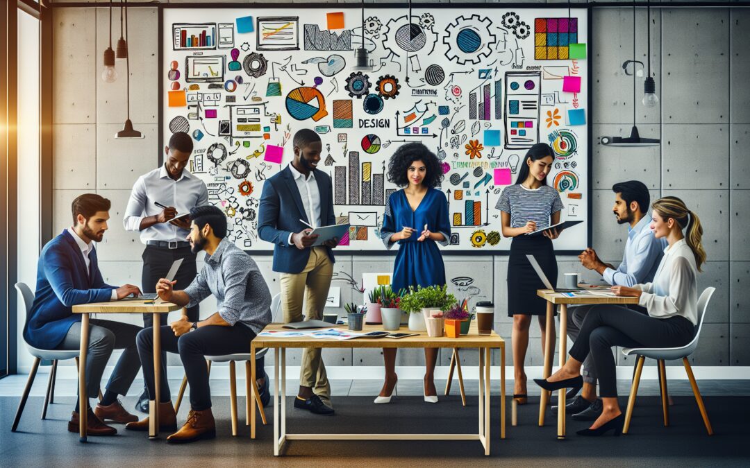 Create an image of a diverse group of professionals from different fields such as engineering, marketing, finance, and design working together in a modern, open office space. The atmosphere should be