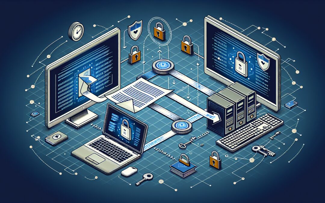 A detailed digital illustration of a secure file transfer process, featuring a computer sending a file through an encrypted tunnel to another computer. Both computers are surrounded by security symbol