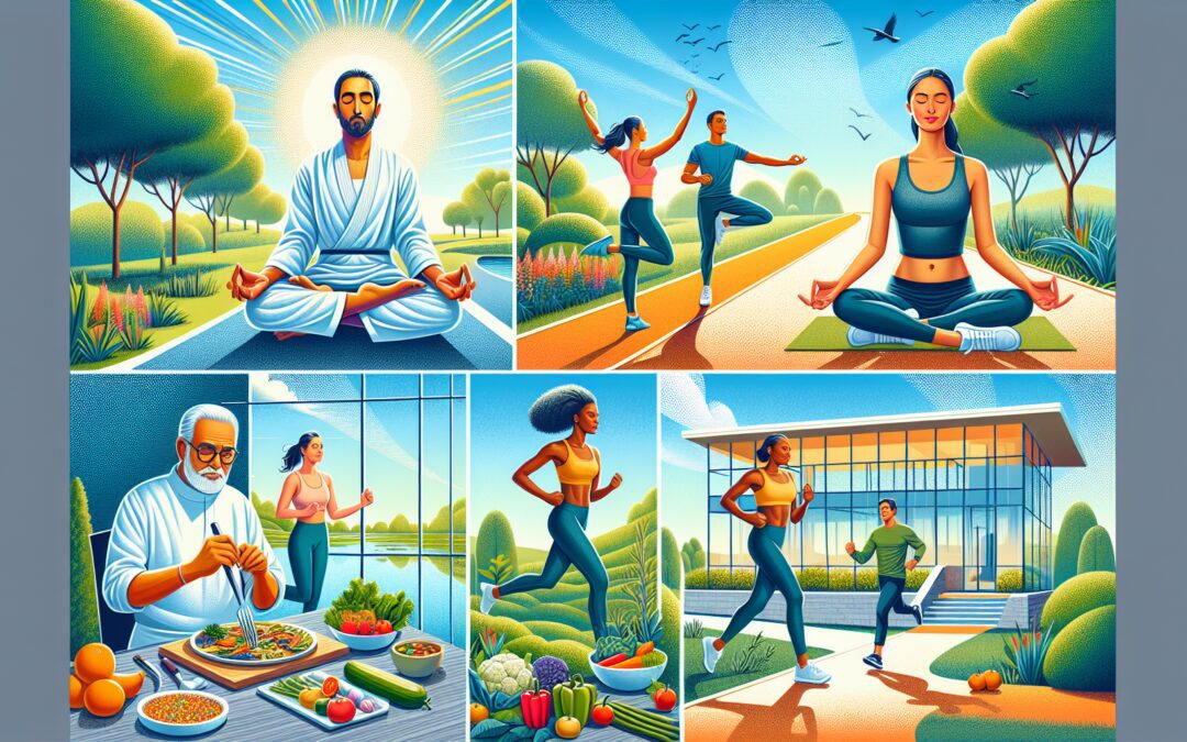 Create a detailed illustration of a diverse group of people engaging in various activities promoting wellness, such as yoga, meditation, jogging, and healthy cooking. The background should include a s