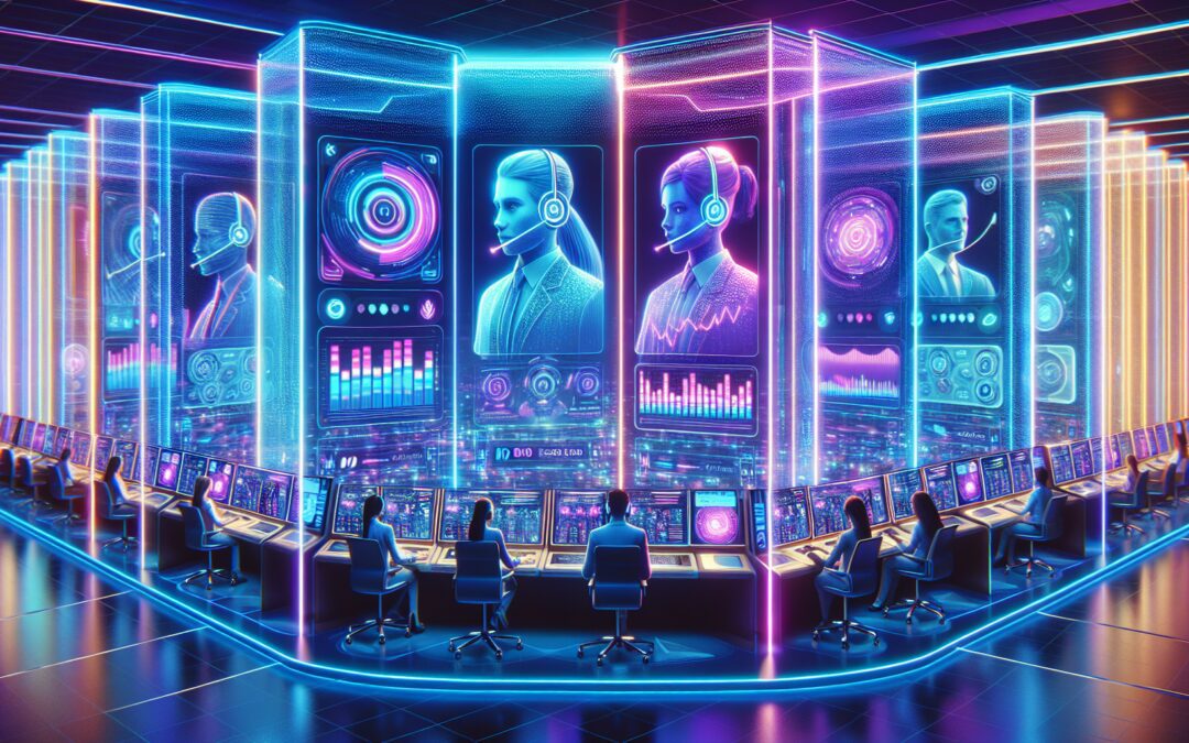 An illustration of a futuristic customer service center with glowing, holographic interfaces. A dynamic system is shown intelligently allocating incoming calls to various representatives. The scene is