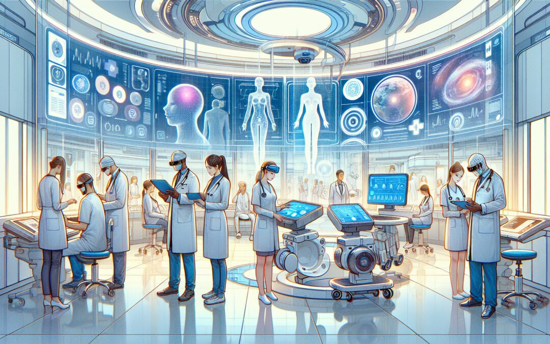 Create an image showcasing a futuristic hospital setting with advanced medical technology. Feature doctors and nurses using tablets and holographic devices to monitor patients. Include robots assistin