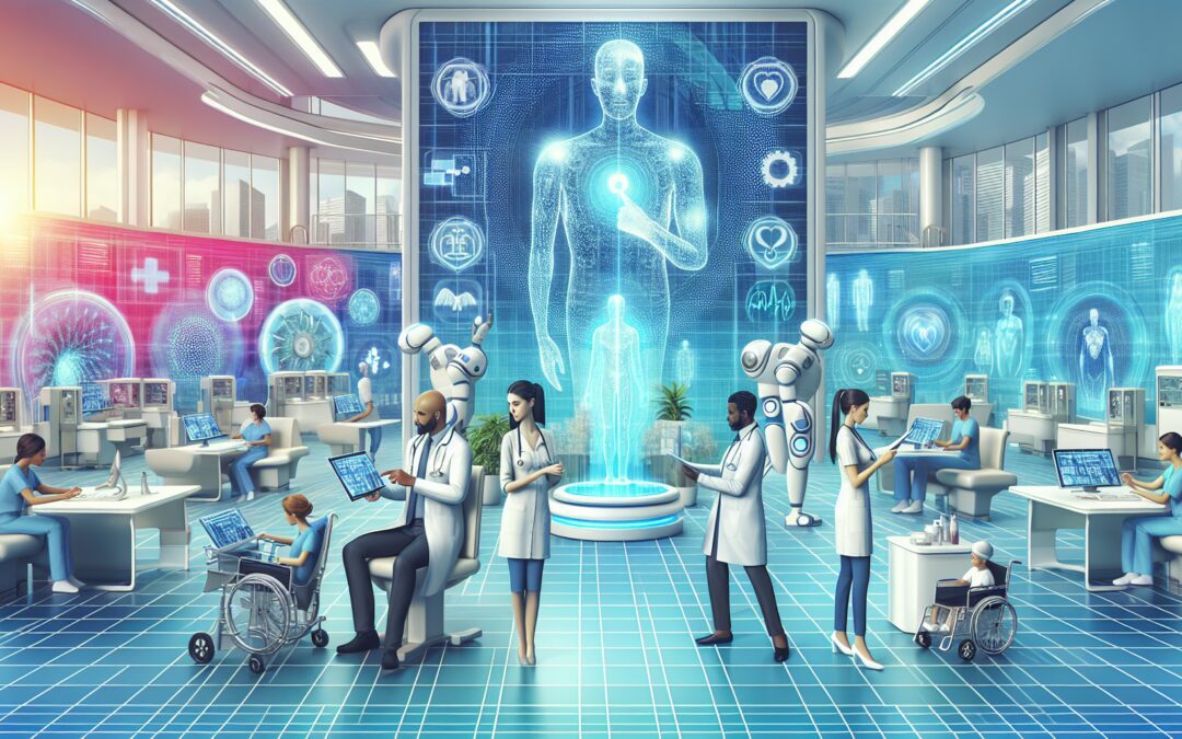 Create an image that depicts a futuristic hospital environment with state-of-the-art technology and patient care systems. Include intelligent robots assisting doctors, patients interacting with hologr