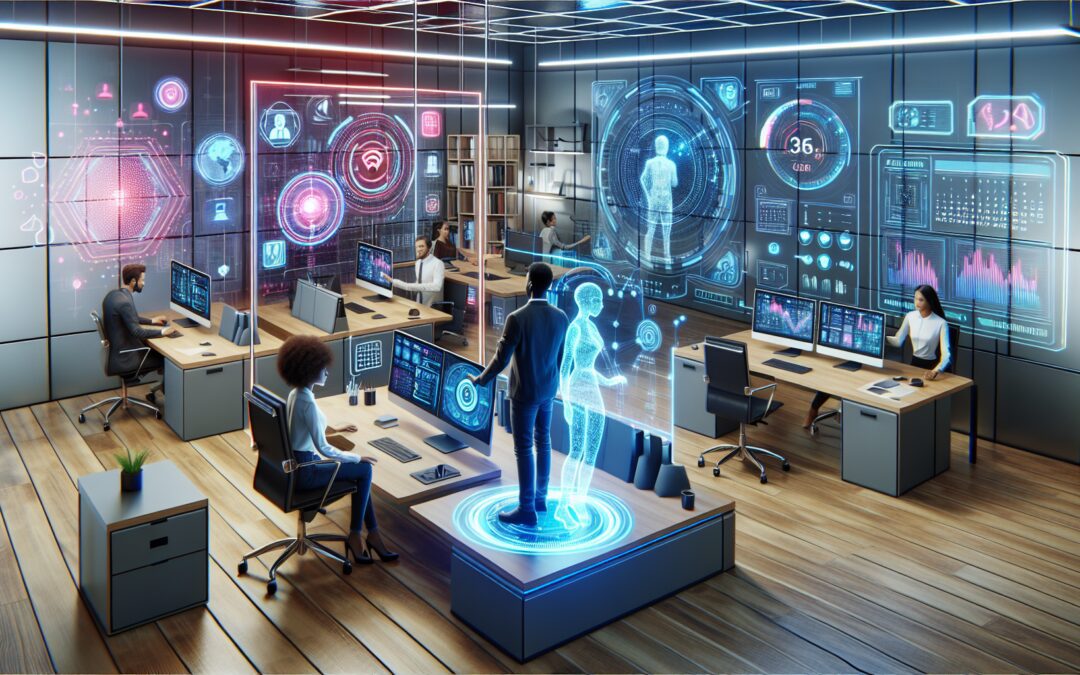 Create an image depicting a futuristic, high-tech office setting where individuals are using holographic screens and AI-powered devices to manage their schedules seamlessly. The room should have a sle