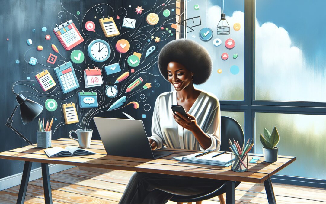 Create an image of a person sitting at a desk with a laptop and smartphone, surrounded by floating digital icons of calendars, checklists, and clocks. The person looks relieved and happy, symbolizing