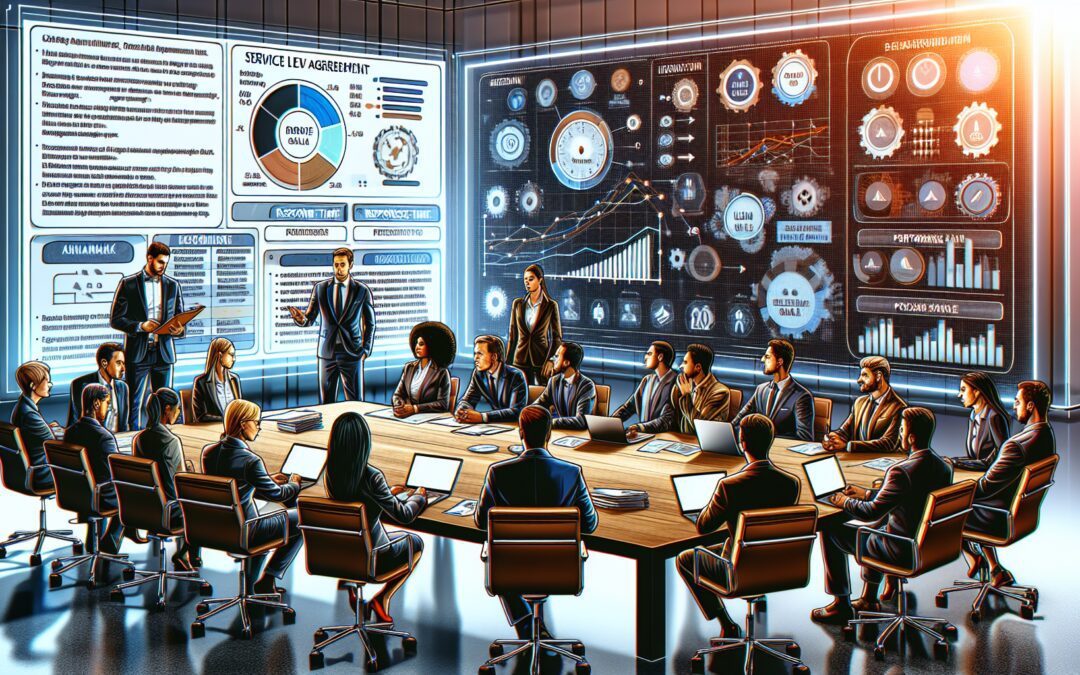 Create an image depicting a group of business professionals in a modern office setting, gathered around a conference table with laptops and documents. The central focus should be on a digital screen d