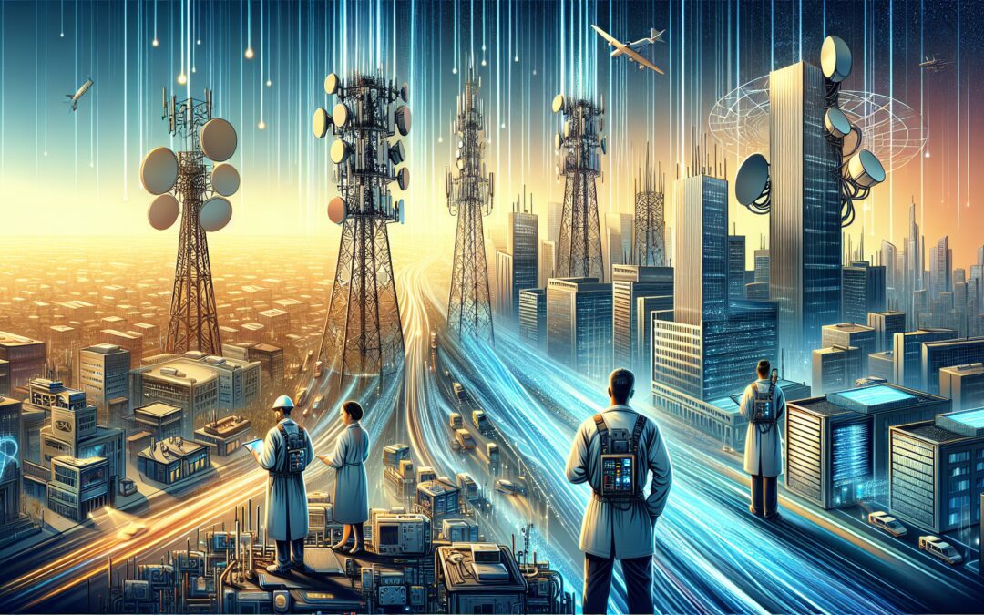 Create an image depicting the advancement of telecommunications infrastructure, showcasing modern fiber-optic cables, 5G towers, and high-tech data centers. Include engineers in futuristic uniforms wo