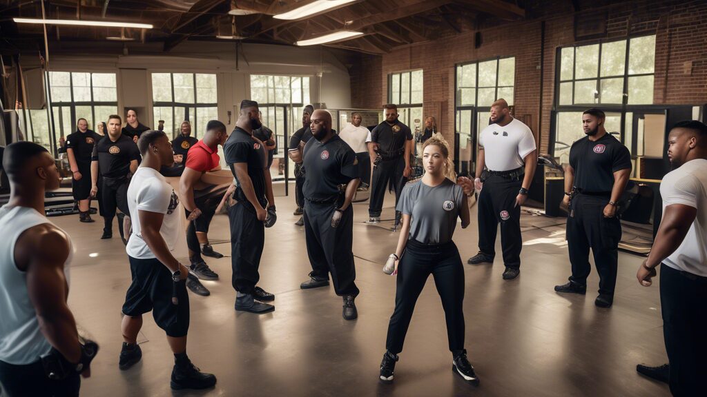 A dynamic scene featuring a diverse group of trainees undergoing a bouncer training program in Louisiana. The setting includes a professional training faci