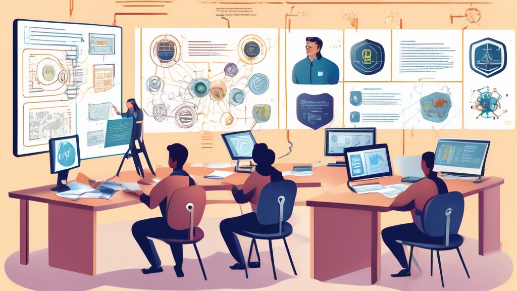 A detailed illustration of an individual studying a complex book titled ABO Security Certification, surrounded by diagrams of cybersecurity concepts, lock