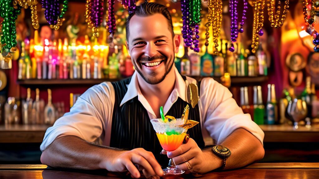 A cheerful bartender holding a freshly minted Louisiana bartender license in a lively bar setting, with decorative elements like Mardi Gras beads, jazz ins