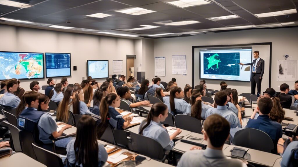 A modern classroom filled with diversified students attentively listening to an aviation security instructor at the front. The instructor points towards a