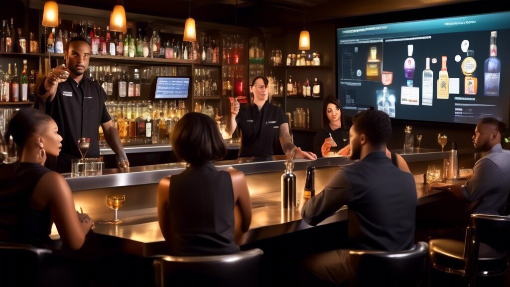 A detailed, professional instructional scene featuring a diverse group of bartenders and waitstaff undergoing alcohol server training in a modern Los Angel