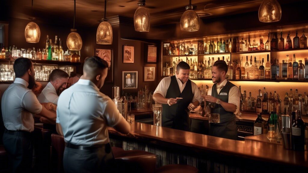 A busy bar scene with a certified bartender serving drinks, showcasing a certificate of completion hanging on the wall behind them. The bartender is engagi