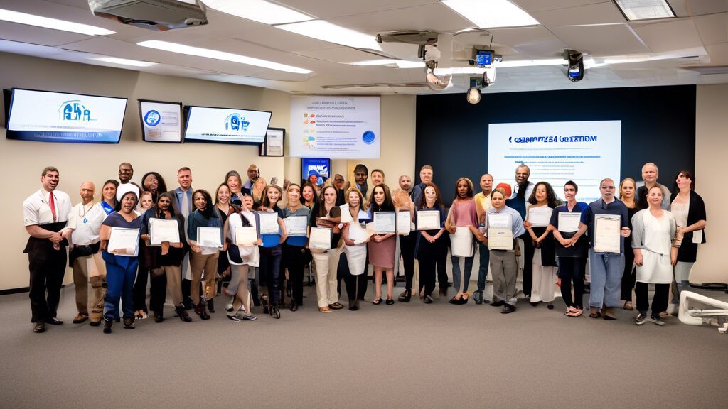 A diverse group of people smiling and holding certificates in a professional setting, with a presentation screen displaying ATC Approved Provider. The back