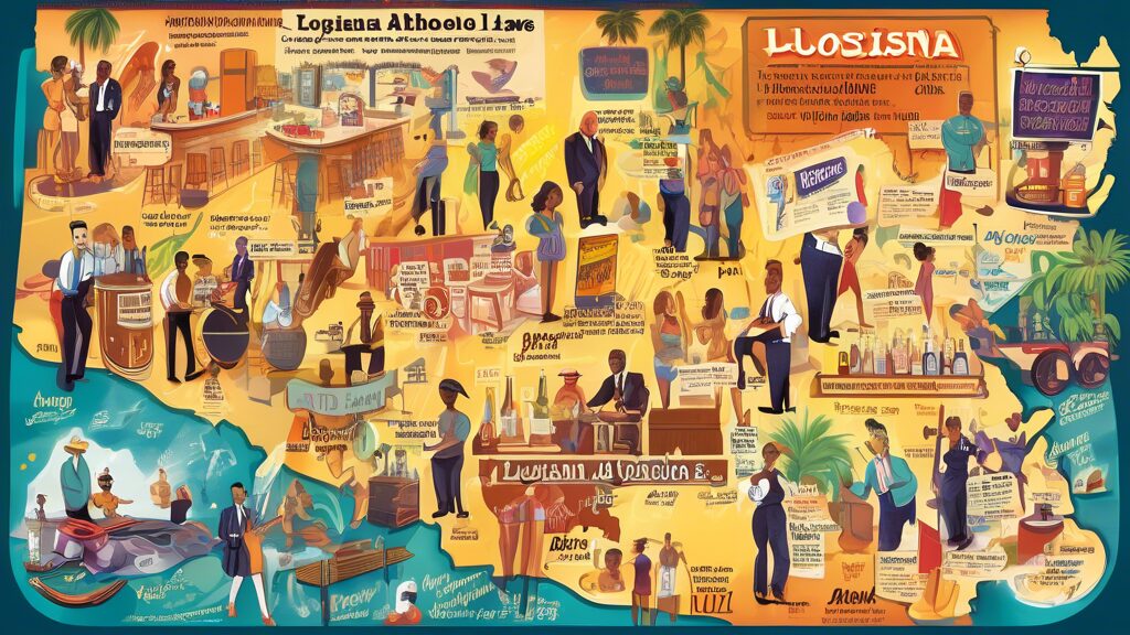 A detailed illustration showing various aspects of Louisiana alcohol laws: a map of Louisiana highlighting specific regions, images of bars, restaurants, a