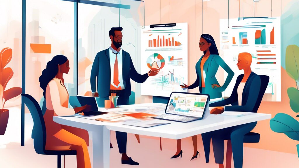 Create an illustration showcasing a diverse business team in a modern office setting, collaboratively discussing and implementing a responsible vendor prog