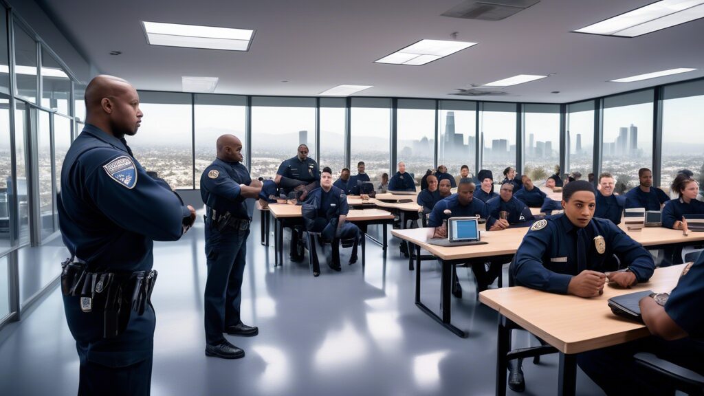 A diverse group of security staff in uniform engaged in various training activities in a modern Los Angeles training facility. The scene includes classroom