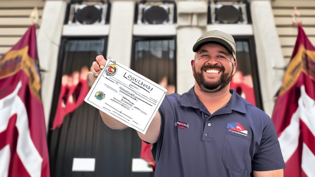 An individual proudly holding their newly acquired Louisiana ATC Certification in front of a government building, with the state flag of Louisiana waving i