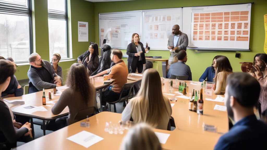 A group of diverse adults attentively participating in an alcohol safety course in a modern classroom, with a knowledgeable instructor demonstrating the ef