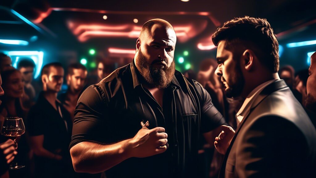 Create an image showing a professional bouncer in a nightclub calmly using de-escalation techniques to peacefully resolve a conflict between two patrons. T