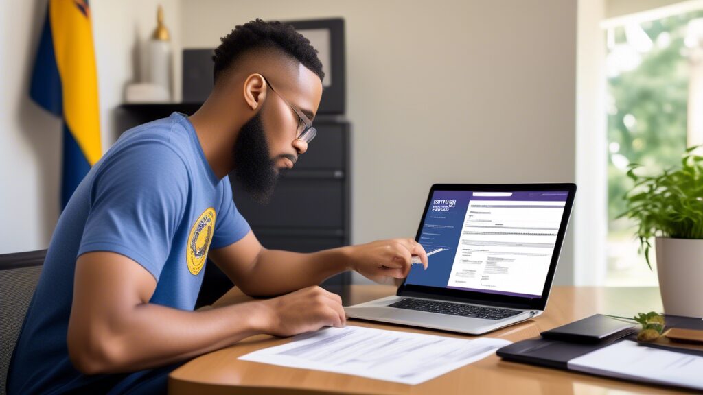 A person sitting at a computer with the Louisiana state flag in the background, completing an online application form for a server permit. The screen shows