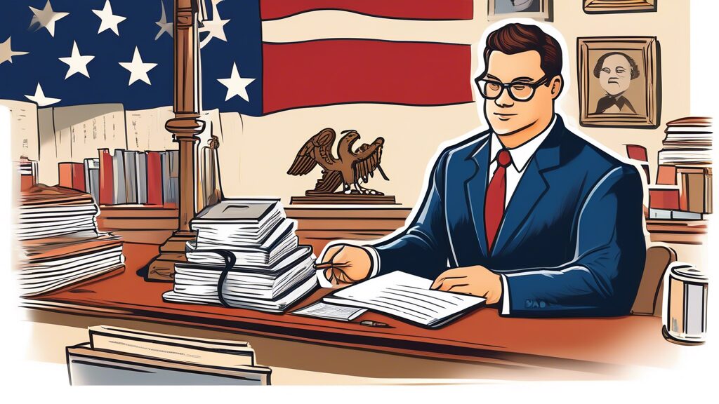 A detailed illustration showing a lawyer studying for the bar exam in Louisiana, surrounded by law books, the state flag, and official documents. The backg