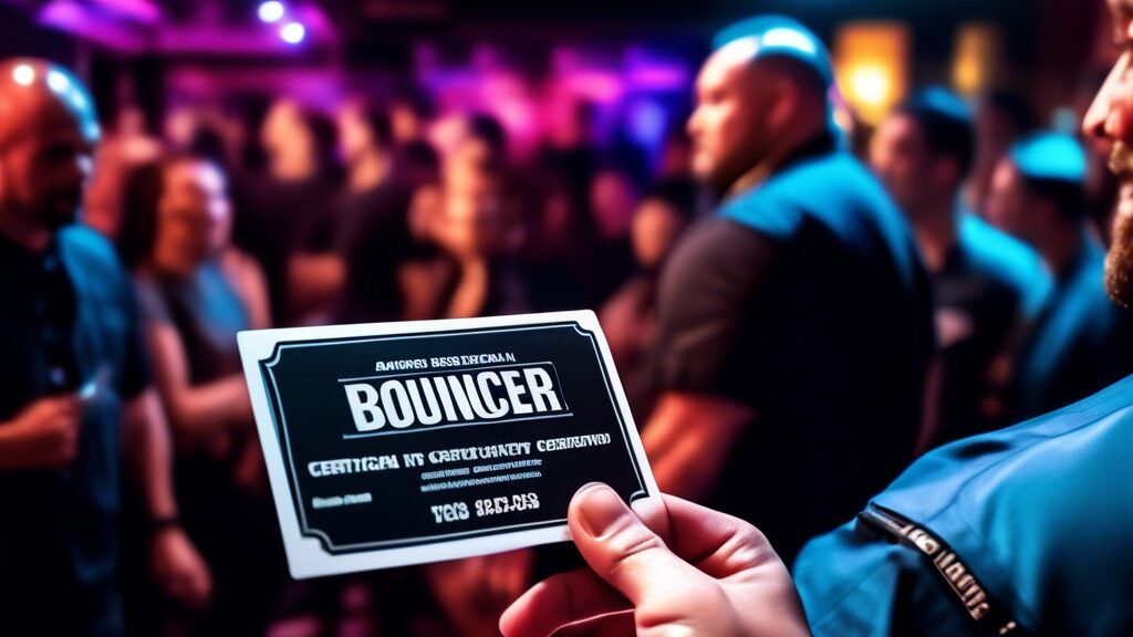 A close-up image of a professional bouncer confidently holding an ATC Bouncer Certification card. In the background, a bustling nightclub entrance scene wi