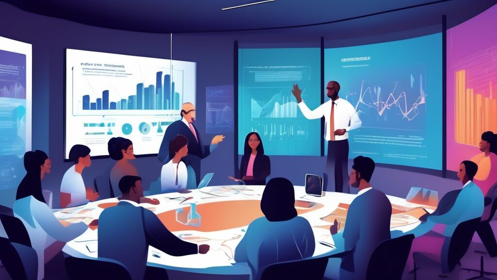 Illustration of a modern training session for vendors, featuring a diverse group of professionals engaged in learning. The setting is a high-tech conferenc