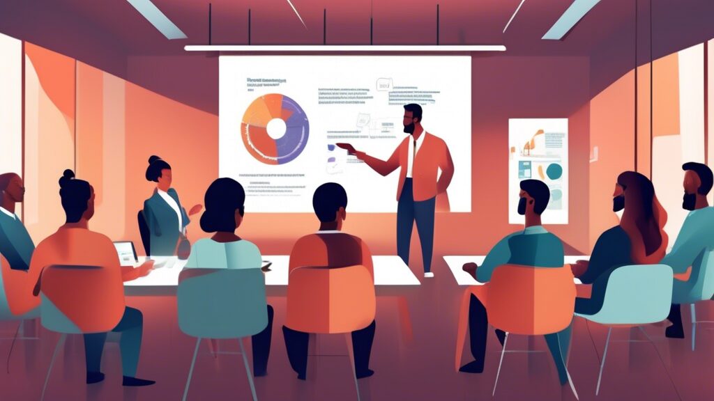 An illustration of a diverse group of employees attentively participating in a responsible vendor training session in a modern, well-lit conference room. A